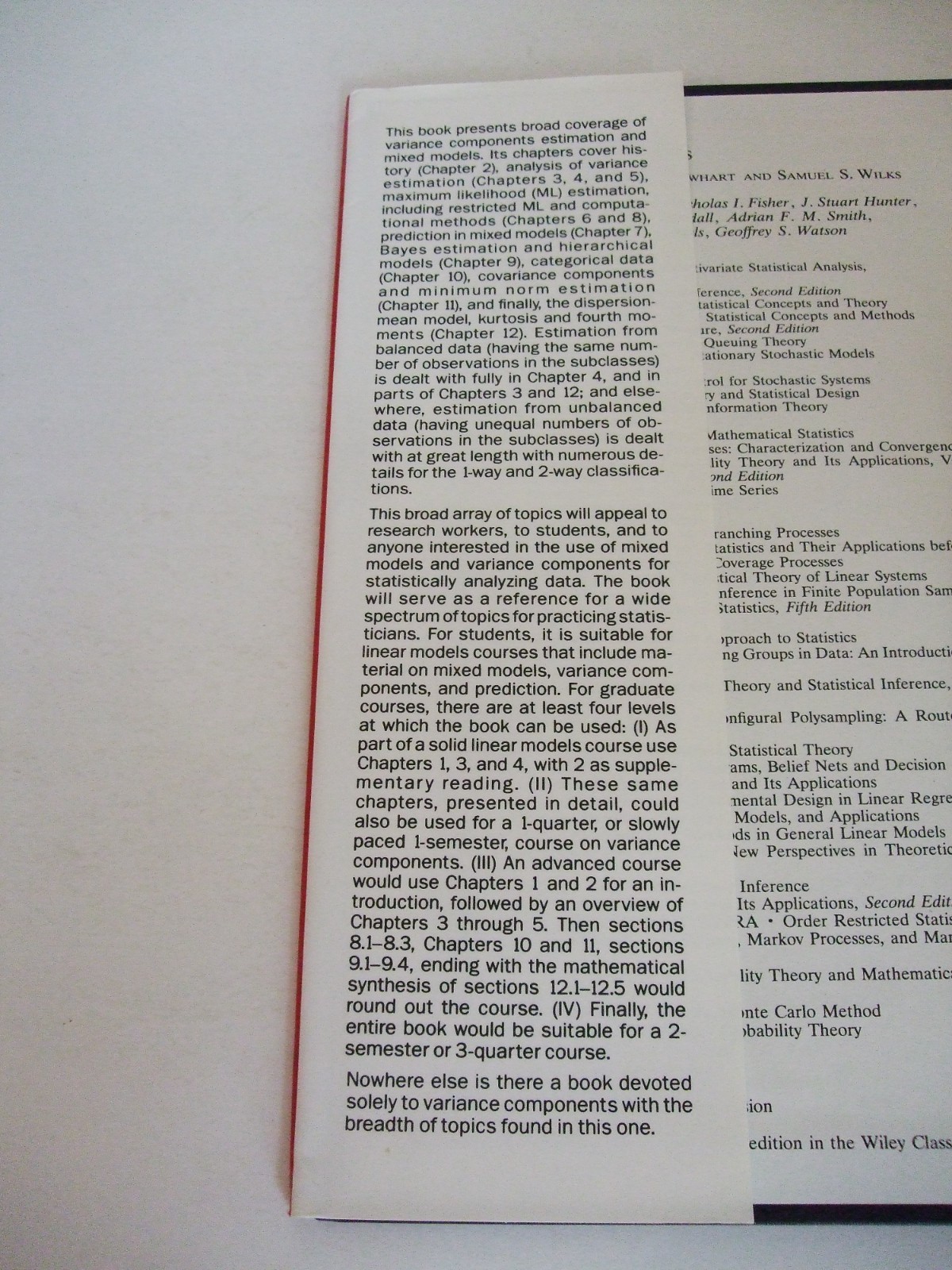 Variance Components John Wiley & Sons 1992 Probability & Mathematical Statistics