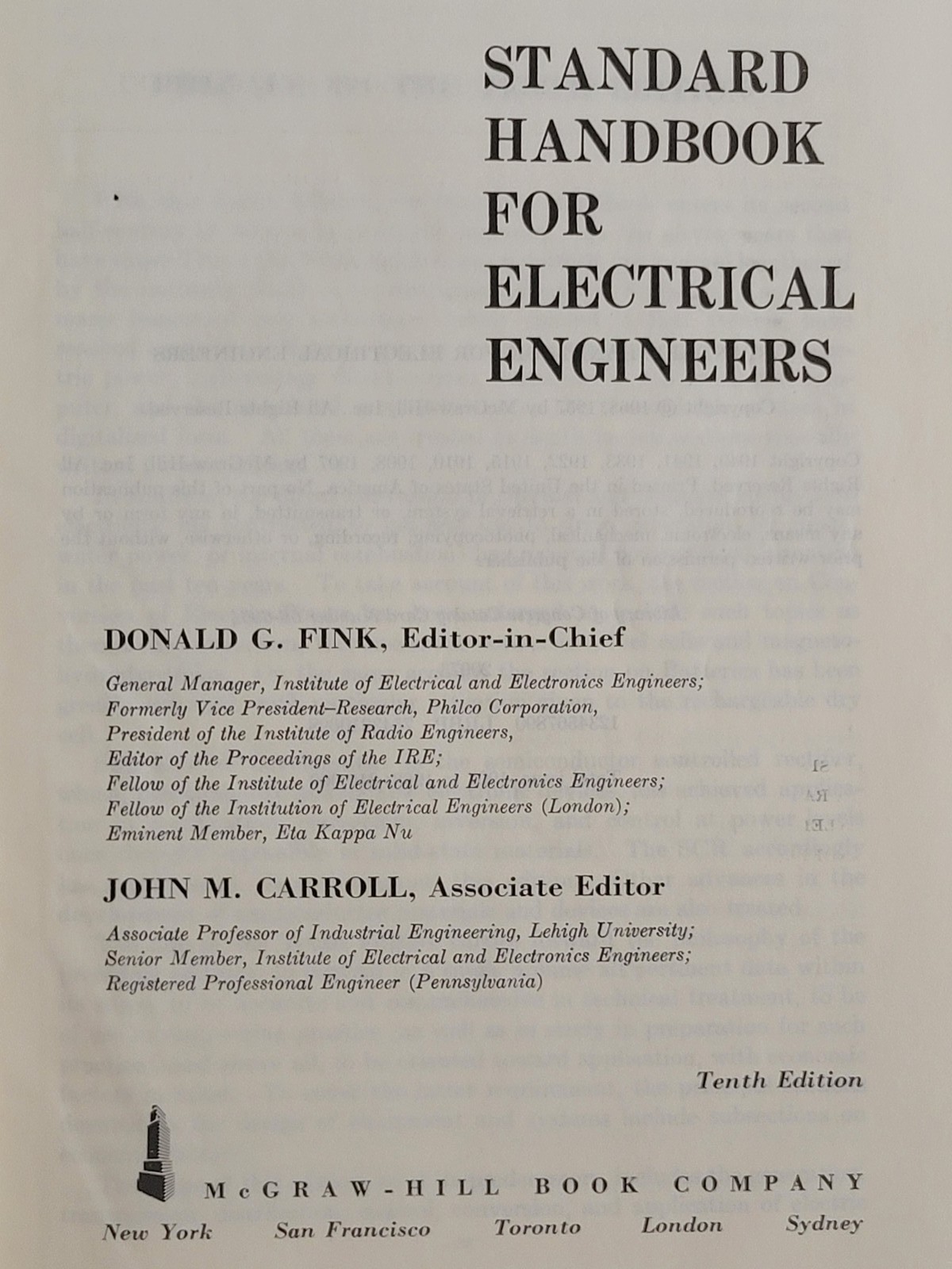 Standard Handbook for Electrical Engineers Tenth Edition Fink & Carroll