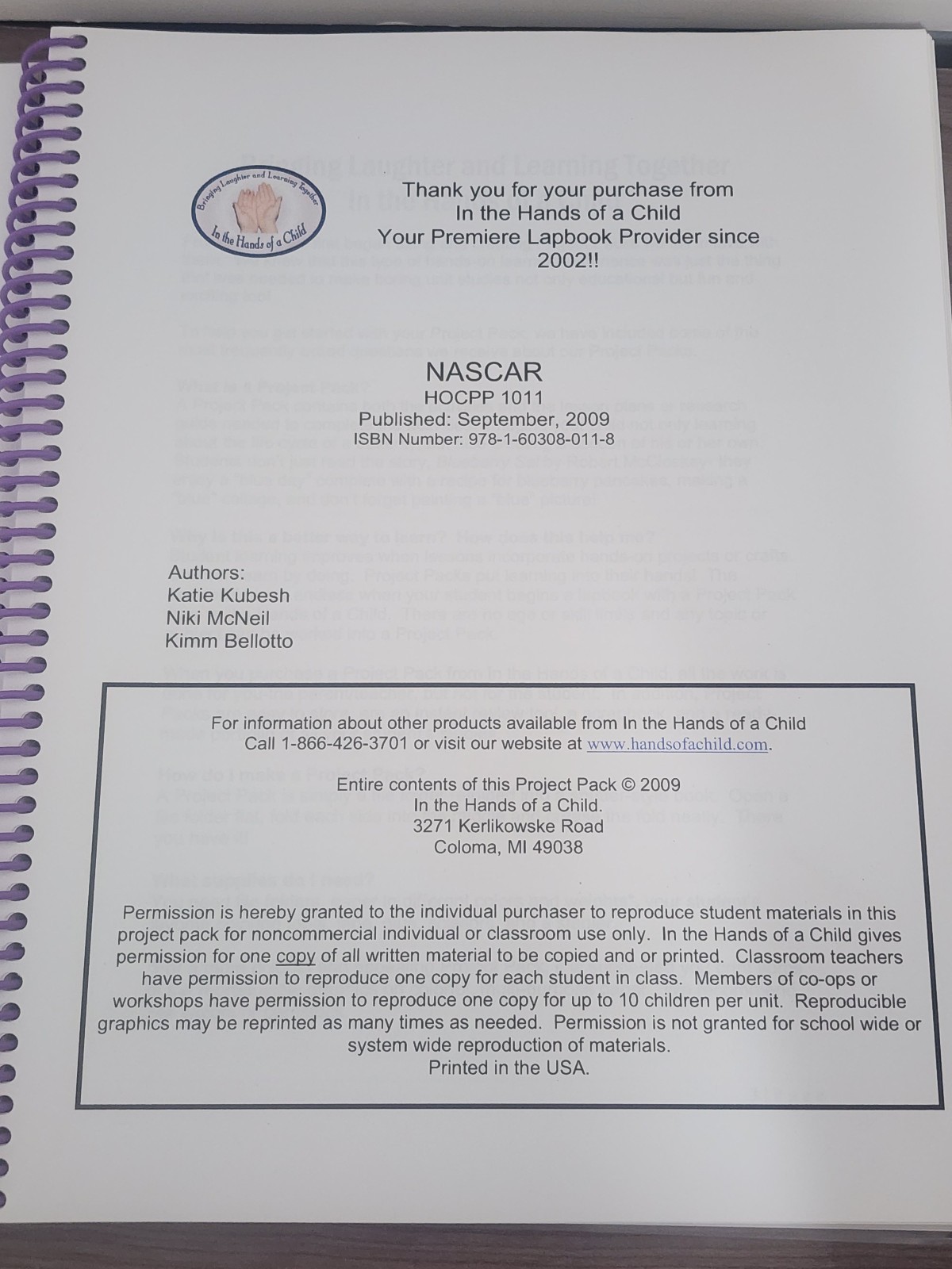 🕮 B4~In The Hands of a Child PROJECT PACK HISTORY OF NASCAR Grade 2nd-9th